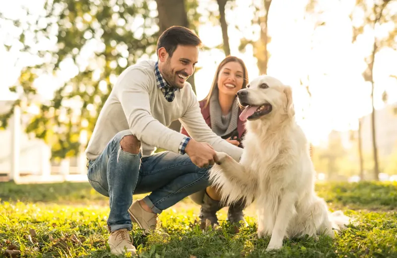 family with dog on lawn